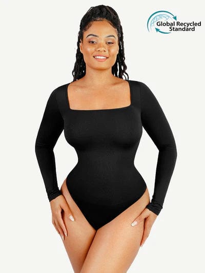 CurvyPower | UK bodysuit Black / XS/S Square Neck Tummy Control Long Sleeve Shapewear Bodysuit