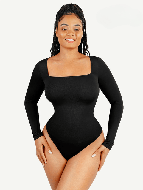 CurvyPower | UK bodysuit Black / XS/S Square Neck Tummy Control Long Sleeve Shapewear Bodysuit
