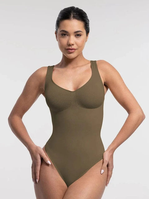 CurvyPower | UK bodysuit Brown / S Women Tummy Control and Bust Support Shaping Bodysuit with T-Back Brief