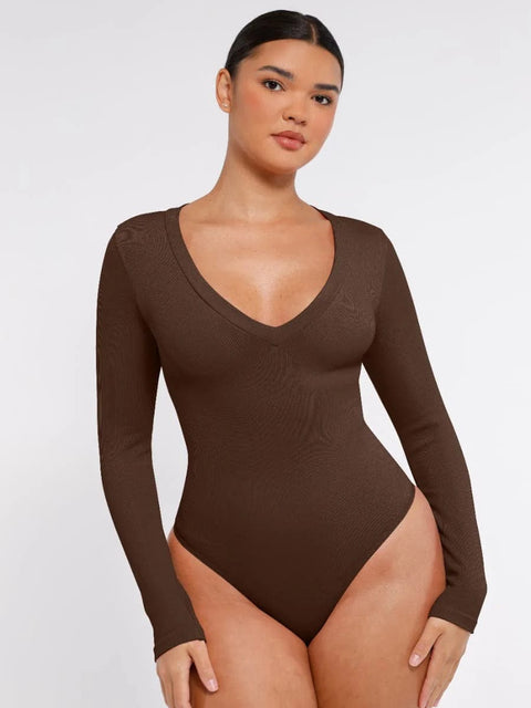 CurvyPower | UK bodysuit Brown / XS/S Deep V Neck Tummy Control Thong Shapewear Bodysuit