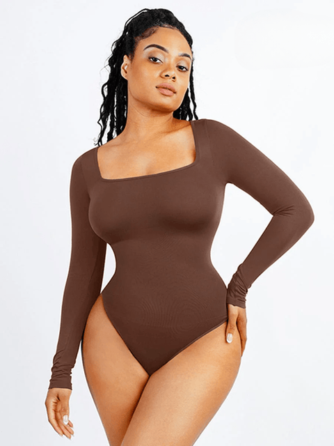 CurvyPower | UK bodysuit Brown / XS/S Square Neck Tummy Control Long Sleeve Shapewear Bodysuit