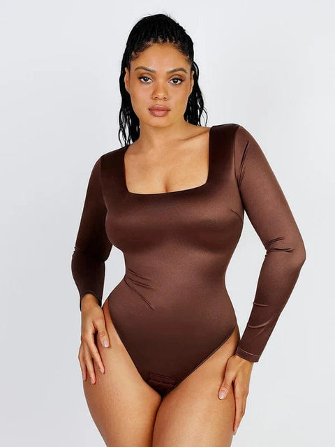 CurvyPower | UK bodysuit Dark Brown / S Sleek Shaping Bodysuit with Square Neck and Long Sleeves