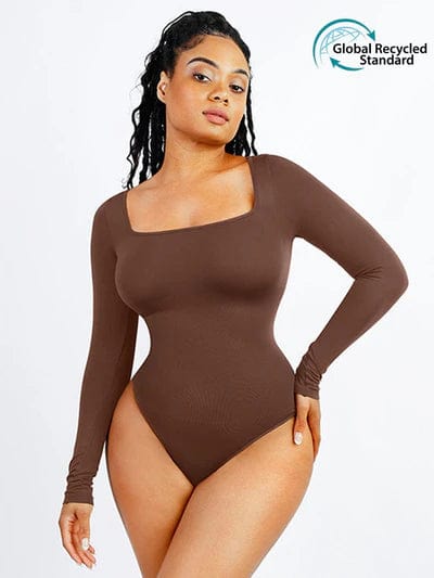 CurvyPower | UK bodysuit Dark Brown / XS/S Square Neck Tummy Control Long Sleeve Shapewear Bodysuit