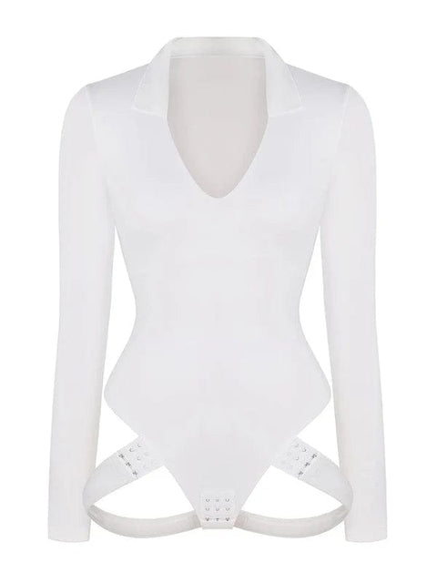 CurvyPower | UK bodysuit Deep V Neck Long Sleeve Shapewear Thong Bodysuit