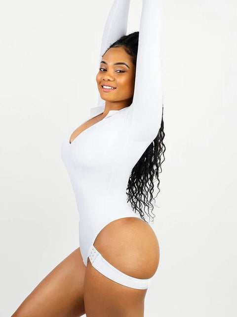 CurvyPower | UK bodysuit Deep V Neck Long Sleeve Shapewear Thong Bodysuit