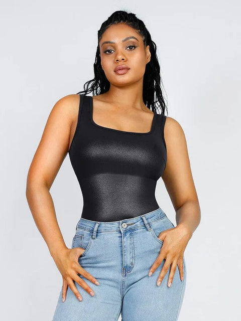 CurvyPower | UK bodysuit Elastic Tummy Control Shapewear Bodysuit in Faux Leather