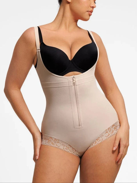 CurvyPower | UK bodysuit Front-Zip Waist-Slimming and Tummy Control Shapewear with U-Shaped Open Bust Support
