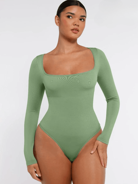 CurvyPower | UK bodysuit Green / XS/S Square Neck Tummy Control Long Sleeve Shapewear Bodysuit