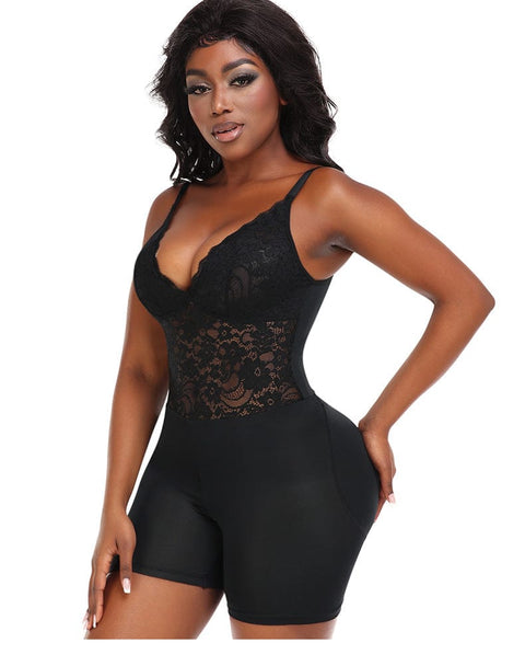 CurvyPower | UK bodysuit Lace V-Neck Low-Back Shapewear Bodysuit with Removable Hip Pads