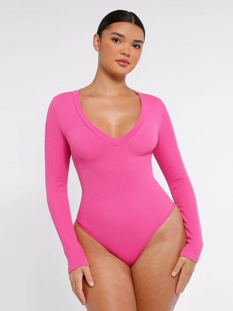 CurvyPower | UK bodysuit Pink / XS/S Deep V Neck Tummy Control Thong Shapewear Bodysuit
