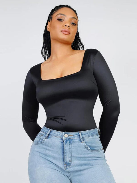 CurvyPower | UK bodysuit Sleek Shaping Bodysuit with Square Neck and Long Sleeves