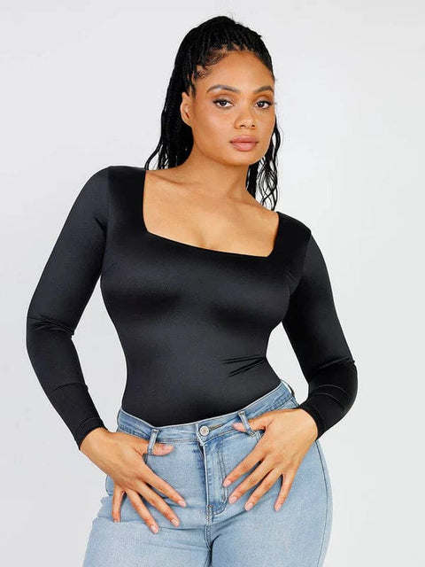 CurvyPower | UK bodysuit Sleek Shaping Bodysuit with Square Neck and Long Sleeves