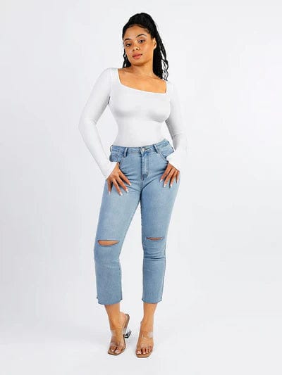 CurvyPower | UK bodysuit Square Neck Tummy Control Long Sleeve Shapewear Bodysuit