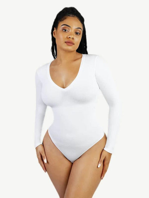 CurvyPower | UK bodysuit White / XS/S Deep V Neck Waist Control Shapewear Thong Bodysuit
