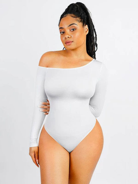 CurvyPower | UK bodysuit White / XS/S Long Sleeve and Diagonal Neck Compression Shapewear Thong  Bodysuit