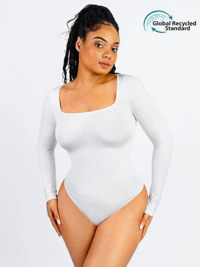 CurvyPower | UK bodysuit White / XS/S Square Neck Tummy Control Long Sleeve Shapewear Bodysuit