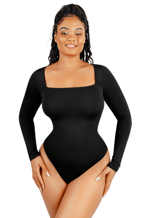 CurvyPower | UK bodysuit Women's Square Neck Long Sleeve Tummy Control Shapewear Bodysuit