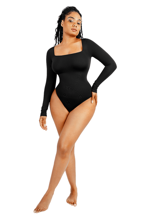 CurvyPower | UK bodysuit Women's Square Neck Long Sleeve Tummy Control Shapewear Bodysuit