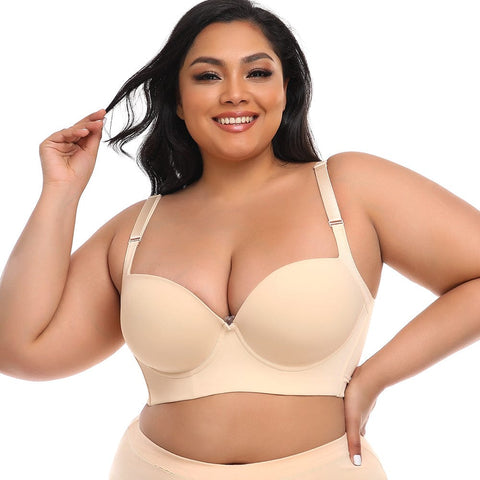 CurvyPower | UK Bras Beige / 34B Plus Size Comfortable Longline Push Up Bra with Adjustable Straps