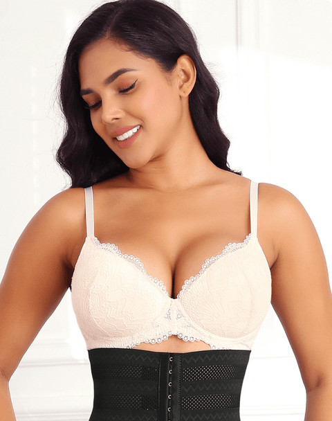 CurvyPower | UK Bras Beige / 34B Plus Size Plunge Lace Push Up Bra with Adjustable Straps