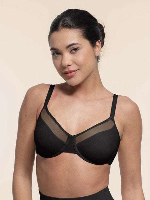 CurvyPower | UK Bras Black / 34B Comfortable Push Up Sheer Mesh Underwire Bra with Adjustable Straps