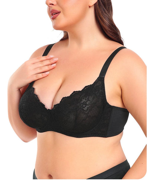 CurvyPower | UK Bras Black / 34B Ultra Thin Lace Push Up Bra with Ring Steel