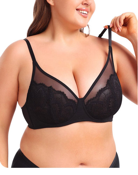 CurvyPower | UK Bras Black / 34B Women Plus Size Lace Bra with Built-In Skeleton Chest Support