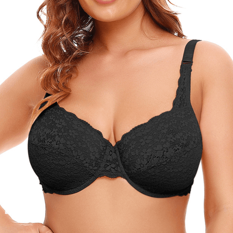 CurvyPower | UK Bras Black / 36B Plus Size Lace Push Up Bra with Steel Ring