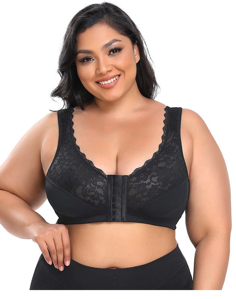 CurvyPower | UK Bras Black / S Wireless Lace Front Closure Plus Size Push Up Bra
