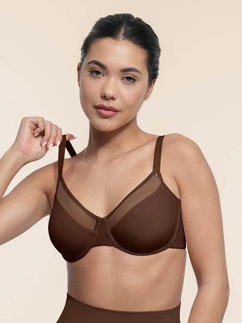 CurvyPower | UK Bras Brown / 34B Comfortable Push Up Sheer Mesh Underwire Bra with Adjustable Straps