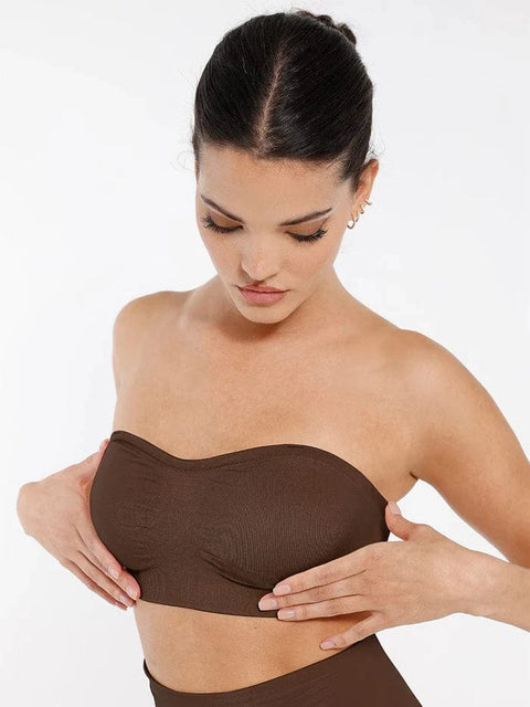CurvyPower | UK Bras Brown / S Seamless Bandeau Strapless Brassiere Non Wired push up Bra with Removable Pads