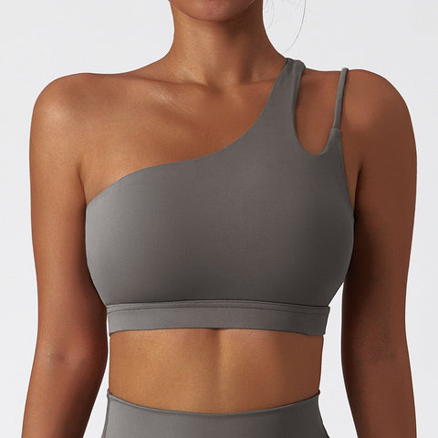 CurvyPower | UK Bras Extreme Gray / S One Shoulder Slip Fitness Support Bra with Removable Chest Pad