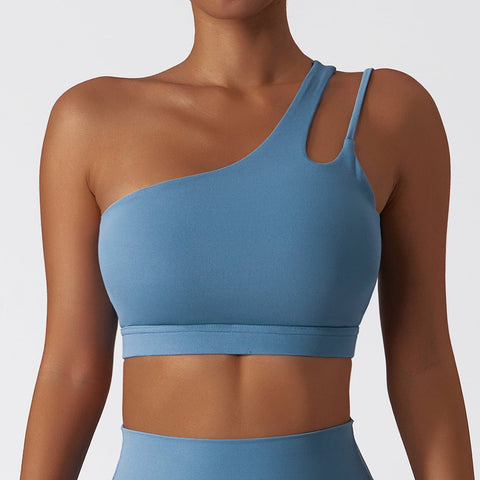 CurvyPower | UK Bras Light Gray Blue / S One Shoulder Slip Fitness Support Bra with Removable Chest Pad