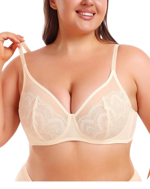CurvyPower | UK Bras Off White / 34B Women Plus Size Lace Bra with Built-In Skeleton Chest Support