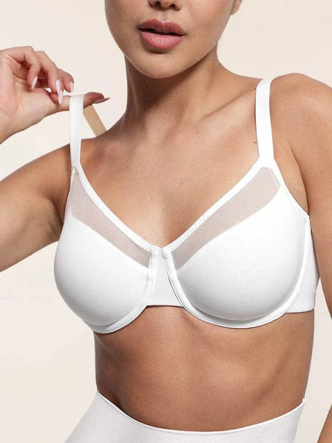 CurvyPower | UK Bras White / 34B Comfortable Push Up Sheer Mesh Underwire Bra with Adjustable Straps
