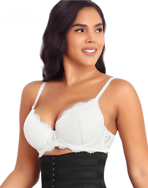CurvyPower | UK Bras White / 34B Plus Size Plunge Lace Push Up Bra with Adjustable Straps