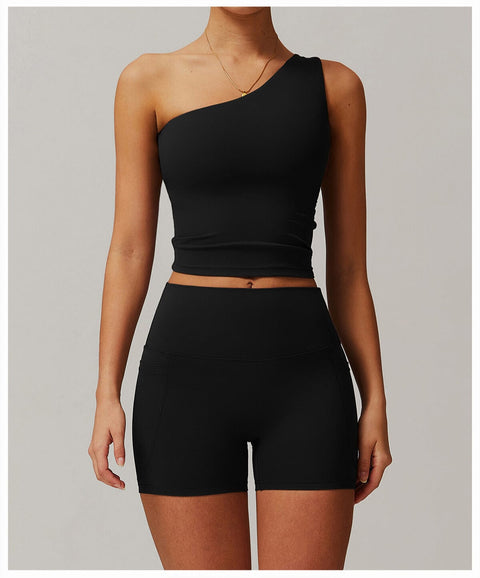 CurvyPower | UK Crop Top Advanced Black / S One Shoulder Workout Shaping Crop Top with Removable Chest Pads