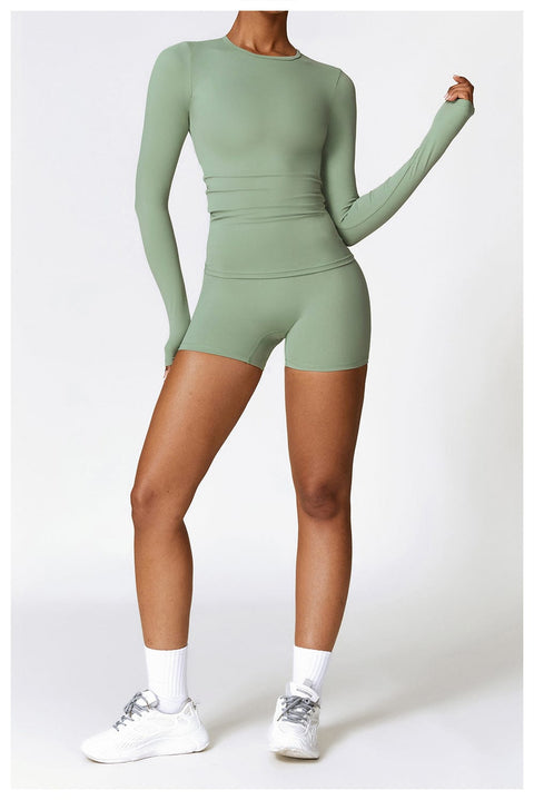 CurvyPower | UK Crop Top Basil Green / S Women's Long-Sleeve Round Neck Yoga and Fitness Shaping Top