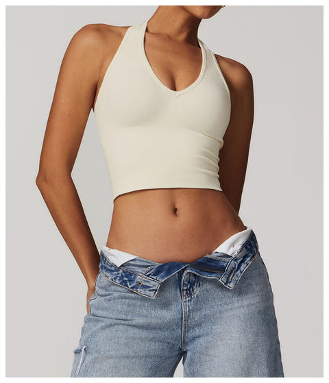 CurvyPower | UK Crop Top Beige / S Seamless Backless Halter Neck Fitness Shaping Crop Top