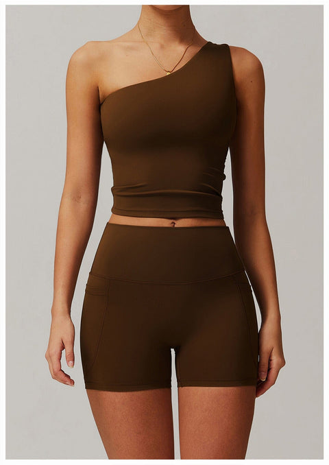 CurvyPower | UK Crop Top Birch Tea Brown / S One Shoulder Workout Shaping Crop Top with Removable Chest Pads