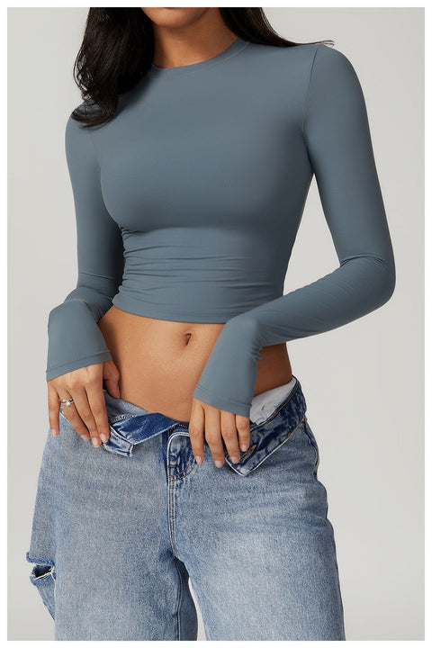 CurvyPower | UK Crop Top Blue Gray / S Women Seamless Long Sleeve Yoga Shaping Crop Top