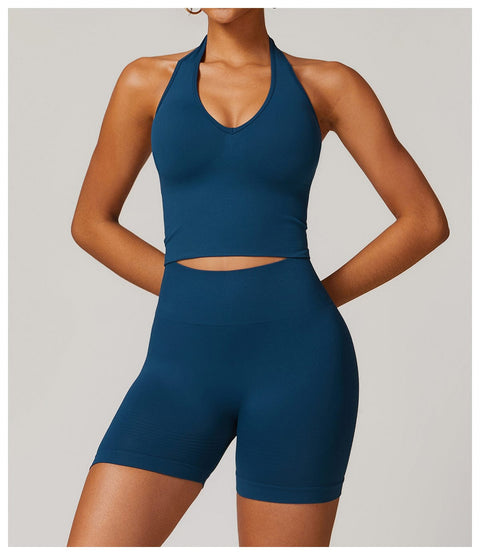 CurvyPower | UK Crop Top Blue / S Seamless Backless Halter Neck Fitness Shaping Crop Top