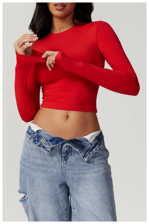 CurvyPower | UK Crop Top Bright Red / S Women Seamless Long Sleeve Yoga Shaping Crop Top