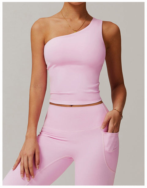 CurvyPower | UK Crop Top Cherry Blossom Pink / S One Shoulder Workout Shaping Crop Top with Removable Chest Pads