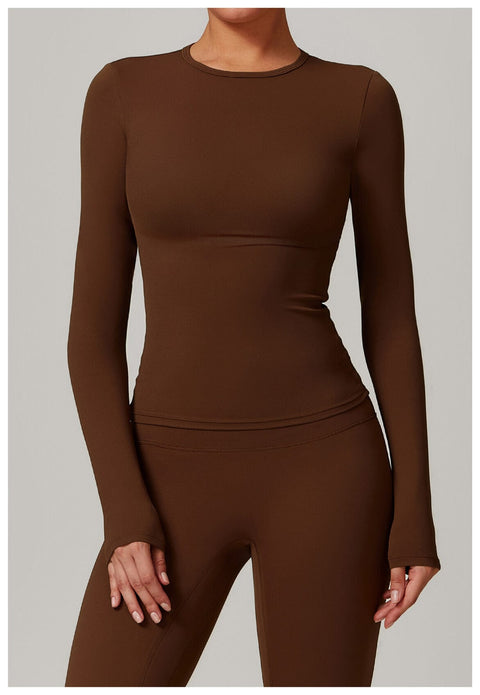 CurvyPower | UK Crop Top Chocolate Brown / S Women's Long-Sleeve Round Neck Yoga and Fitness Shaping Top