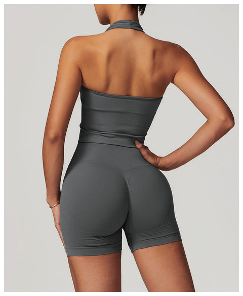 CurvyPower | UK Crop Top Dark Gray / S Seamless Backless Halter Neck Fitness Shaping Crop Top