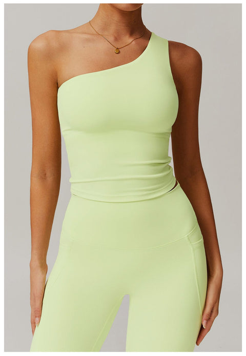 CurvyPower | UK Crop Top Light Yellow Green / S One Shoulder Workout Shaping Crop Top with Removable Chest Pads
