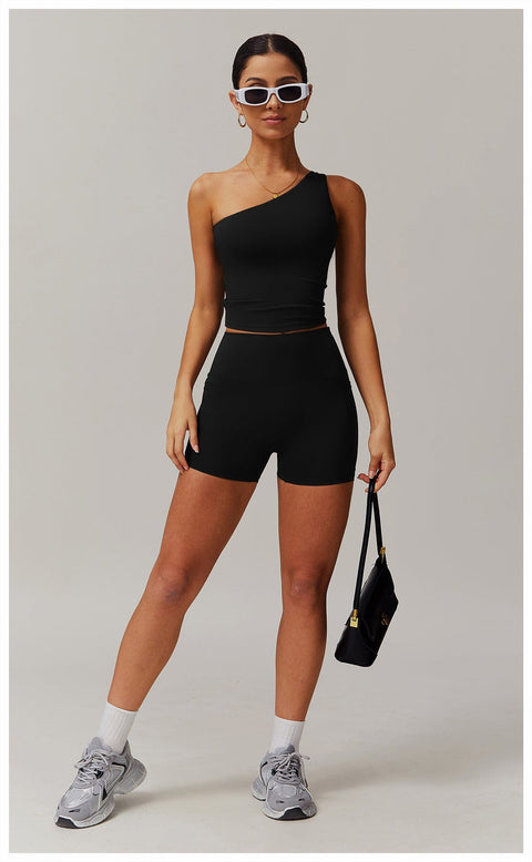 CurvyPower | UK Crop Top One Shoulder Workout Shaping Crop Top with Removable Chest Pads