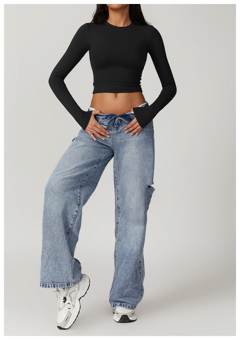 CurvyPower | UK Crop Top Women Seamless Long Sleeve Yoga Shaping Crop Top