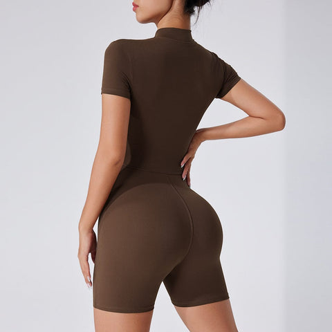 CurvyPower | UK Jumpsuit Brown / S Women's Short Sleeved Yoga Shaping Jumpsuit with Front Zipper